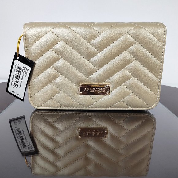 NWT BEBE Gold Sophia Crossbody Bag Small Vegan Purse Quilted Chain Strap 5x7x2 - Picture 1 of 10